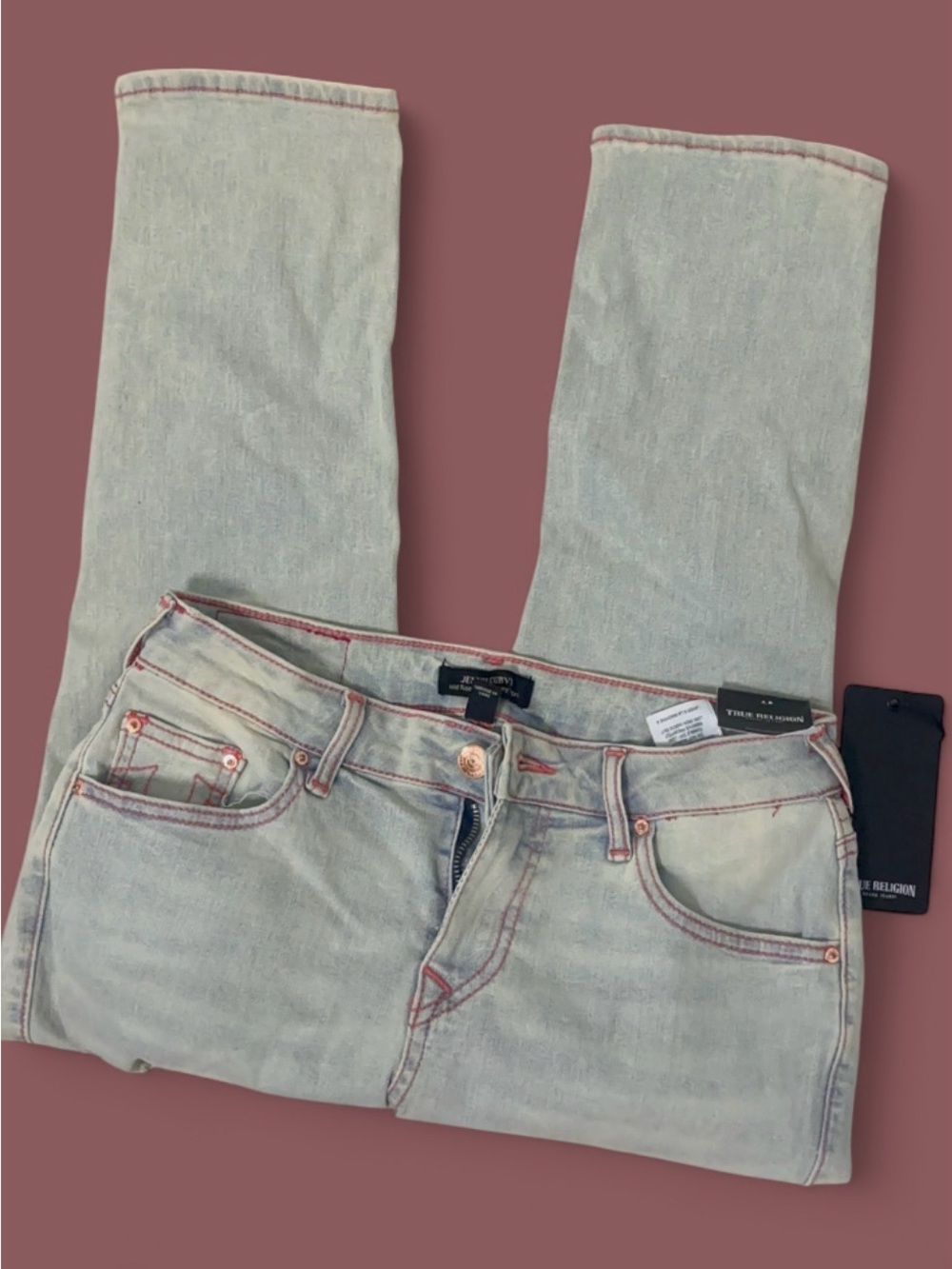 True Religion Womens Light Wash Skinny Jeans with Pink Stitching